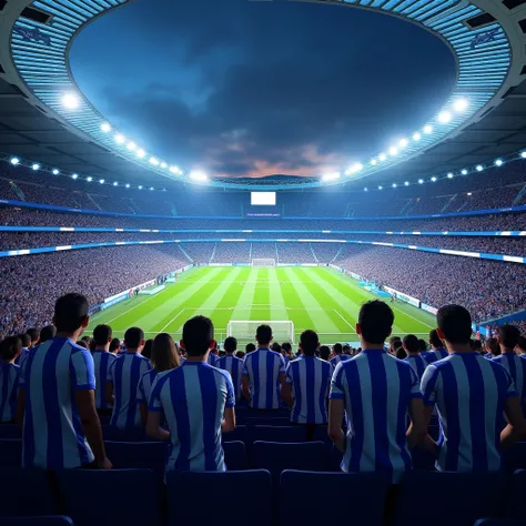 Stadium filled with fans wearing a blue and white shirt striped vertically with blue stands, at night 