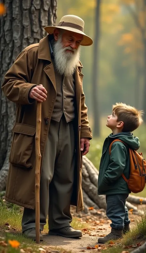 old grandfather with a wooden stick. Grandpa has a wrinkled face with a gentle smile, wearing a straw hat, and a long brown jacket, Grandpas face began to turn sad. He stared at an old fallen tree trunk, with a look full of memories, a boy about , fair ski...