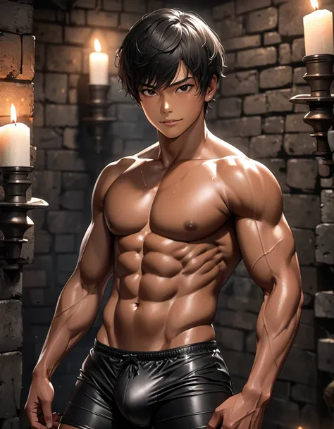 high quality, detailed, Realistic,(solo tanned japanese athlete rapist boy),(detailed black eyes), (black short hair), (muscle), (tanned dark brown skin),(black tiny thong), (bulge), (detailed nipples),　best quality,looking at viewer, candles, dungeon, smi...