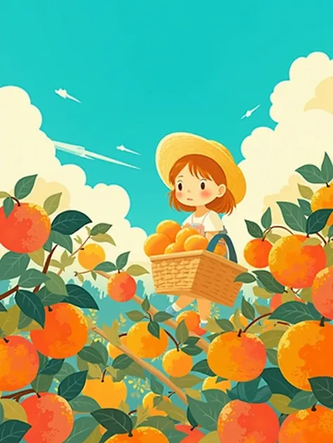  There is a girl picking oranges from a tree with a basket, a storybook illustration by Eizan Kikukawa, pixiv,  Digital Art, a beautiful artwork illustration, Lofi Art, illustration!,  just a joke , cute illustration, flat illustration, Orange Planet, illu...