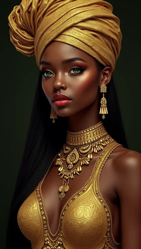 This is a digital artwork featuring a stylized portrait of a woman with a dark skin tone. The woman has her eyes closed and is adorned with elaborate gold embellishments. Her face is adorned with intricate gold leaf patterns, including floral designs and v...