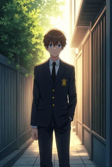 Generate a The image shows an anime boy with brown hair and blue eyes. He is wearing a black suit with gold buttons and a black tie. He has a gold badge on his left lapel. He is standing in a narrow alleyway with a fence on the right and a wall on the left...