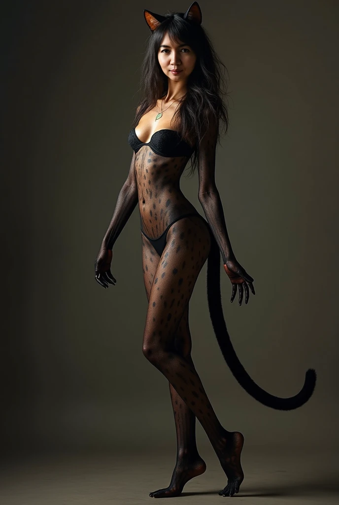 A 40 year old fluffy and petite asian brunette woman entire body painted to look like a cat, Posture with standing open legs , dancing sensually , alluring , sexy, pretty face , Detailed face. highly detailed, photorealistic, dramatic lighting, cinematic c...