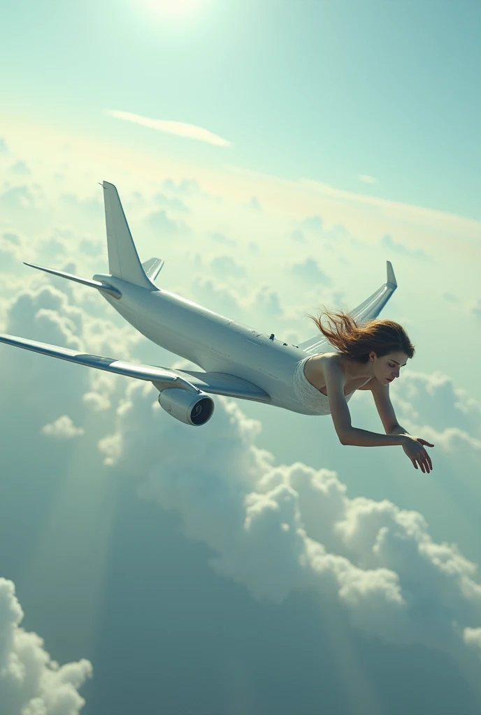 An airplane in the shape of a beautiful woman lying face down is flying horizontally. Does not generate nfsw.From Behind, Masterpiece, 