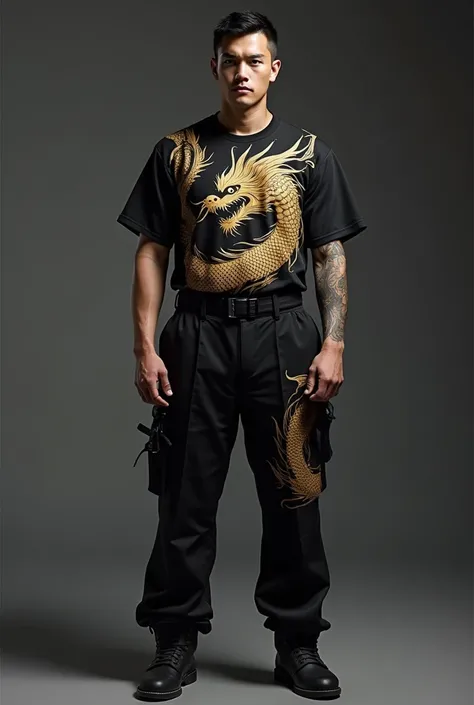 Create a uniform with dragon written Yakuza for 1000000 reais t-shirt and pants in cold tactel fabric front full body 