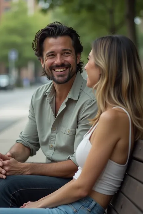 Visual:  While sitting ,  a woman walks by ,  a shy smile on his face . He la nota y le devuelve la sonrisa.
In a moment,  the focus changes to a woman who passes in front of him .  She wears a shy smile , almost spontaneously ,  that seems to arise from t...