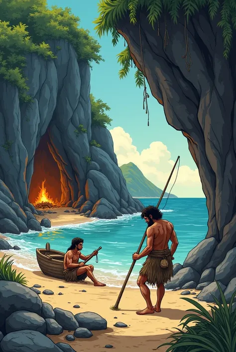 Generate a picture that is showing the hunting with hunting related tools, and fishing livelihood like boats during paleolithic period. Picture the use of rough stone as a tool, as a tool not just lying around stone please And add a scene like the life in ...