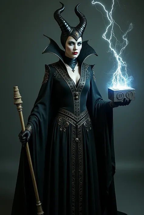 Maleficent, holding thor hammer, in indian dress, electricity, raw skin details, black suit, new suit, high resolution, best quality, highly detailed, realistic, masterpiece, indian, indian dress, detailed, indian symbols on mask, realistic dark background