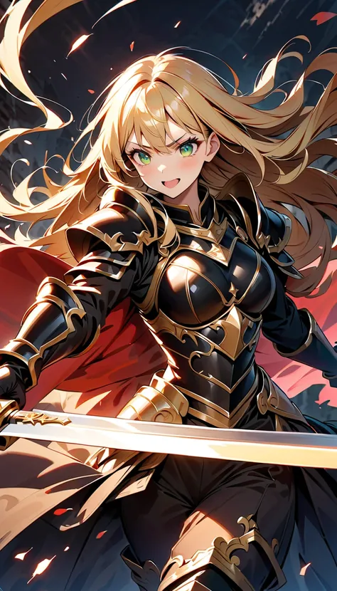 (high quality, 8k, 4K, High Contrast, masterpiece:1.2, 最high quality, Best aesthetics, aya), Very detailed, woman wielding a large sword, Ornate Armor, Flowing Hair, Intense expression, intense battle scene, Dramatic lighting, Bright colors, powerful strok...