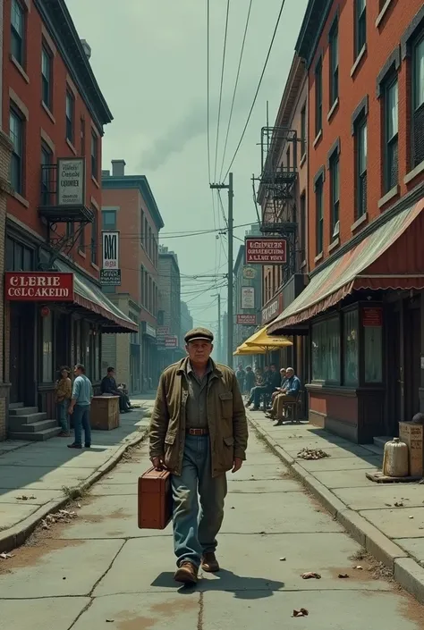 A detailed, somber artwork depicting a 30-year-old humble and tired factory worker from the 1970s walking on a desolate street in Chicago during a time of crisis. The man wears a worn-out jacket, a flat cap, and carries a lunchbox. The street is lined with...