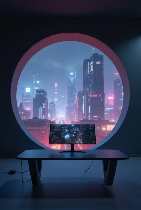 An image of a room, with a huge round hole, that revealed a cyberpunk city. There is a gaming monitor on a table in the middle. high definition detail hyper-detailing cinematic light, ultra-realistic realism, soft lighting, Deep field focus bokeh, Ray trac...