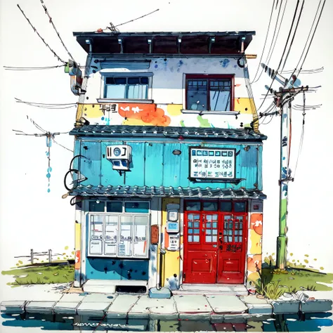 - architectural marker paint,  is not human, scenery, outdoors,  utility pole,  Traditional Korean Media, Power lines,  fence, watercolor ( medium submerged), painting ( medium submerged),  white background, Korean Style Home ,  Building, bench, sign,   ve...