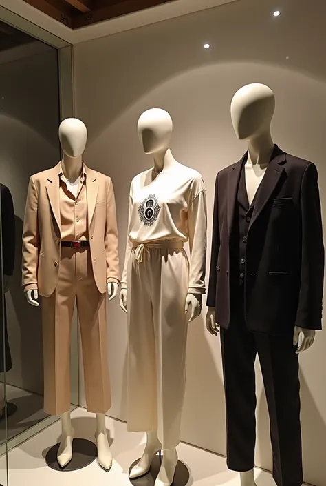 display case with mannequins wearing elegant and comfortable clothes with a logo that says that elegance does not prevent you from feeling comfortable