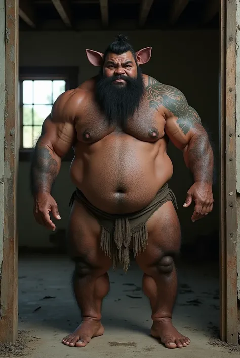  Maori man with a beard and short hair,  is fat and muscular  , wears transparent briefs  , It is in a. abandoned room,  showing his legs and feet, hairy arms and legs, es lampiño, tiene orejas de rinoceronte, piel negra