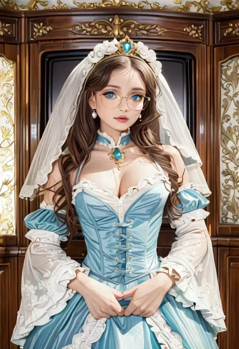 (wdglust, wedding dress, plunging neckline, halter dress, bare shoulders, veil, tiara, train (clothing), bridal gauntlets, zettai ryouiki, white footwear, high heels,),
(Best quality,masterpiece,ultra realistic:1.4),(Rococo:1.4),peerlessly beautiful idol, ...