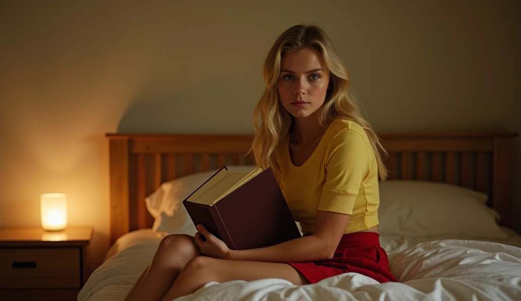  long blonde haired girl in a tight yellow shirt and red mini skirt sitting carrying a thick brown cover book leaning against a pillow on the bed, next to the bed was a table with a candle lighting the room, studio lighting effect