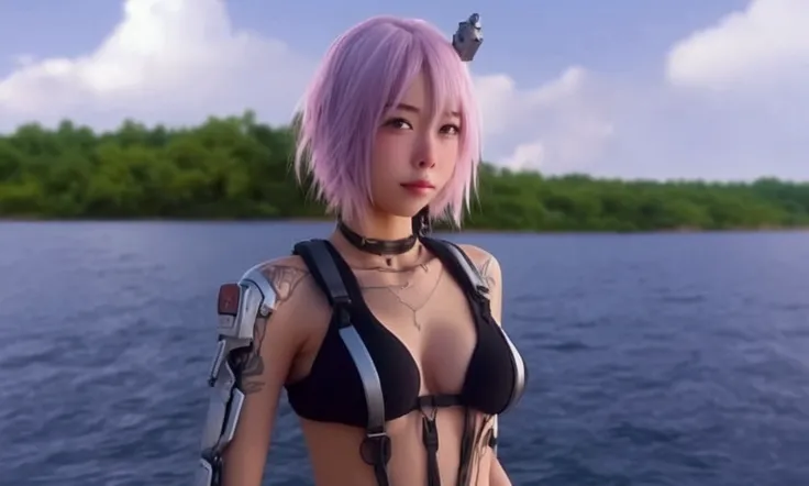 a cute woman, cybernetic data jacks, wires and cables, cyber eye, age 20, cute, sexy pilot bikini, long bright two color hair, kneeling by a tranquil lake, crying, battle damaged gundam behind her, best quality, 4k, 8k, highres, masterpiece:1.2, ultra-deta...