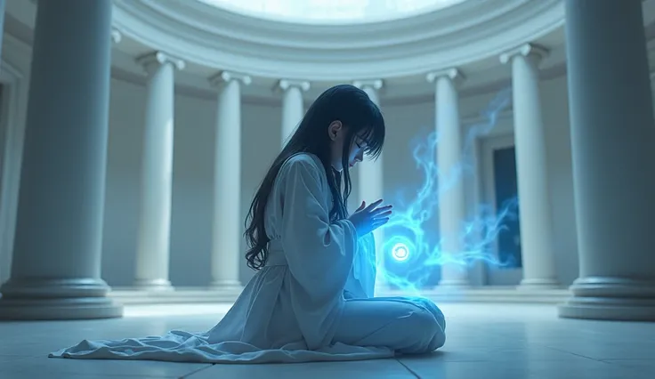 A white hall with columns in a circle ,  a sad magician girl in clothes resembling a kimono sits with her knees between her knees, a small blue magic ball curls over her shoulder  