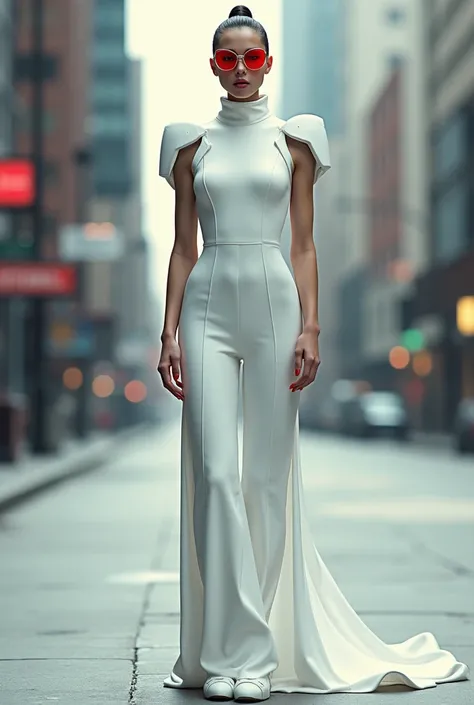 woman in long white sleeveless pants with two shoulder pads wearing white shoes standing on the sidewalk with red lenses with red nails