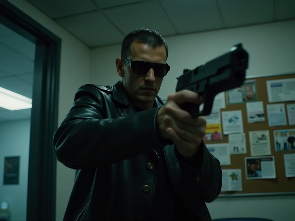 Image is a cinematic scene with a dark, moody style, featuring a man in a black leather jacket and sunglasses, holding a large firearm. The setting appears to be an office or police station, with a glass window in the foreground. The man has a light skin t...