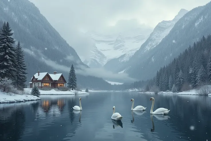 Realistic, theme is "Tranquil Lake", 1940s, spacious lake in front of an Austrian mountain villa, snowy Alps in the background, winter lake, dull sky and dark lake surface, falling snow, snow also falling on the lake surface, several swans swimming on the ...