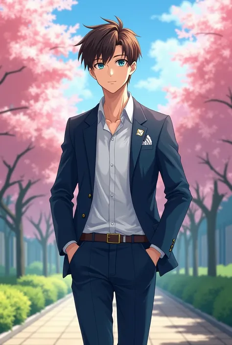 Generate a image with a highschool handsome but not mature and serous boy with brown hair and blue eyes wearing a Japanese standard uniform walking on school