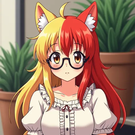  from anime 90s,  hair half blonde half red, ears up dog,  using reference to drawing ,  brown eyes , eyeglasses freckles ,  brown planter ,  ruffled blouse and 