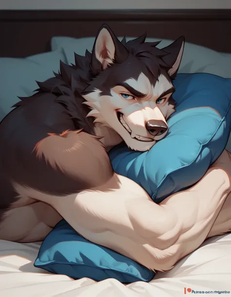 Solo brown husky male fur color blue light, white fur, snout bridge color: grey erection solo on bed blue eyes hugging a pillow smirking showing his wolf teeth a bit