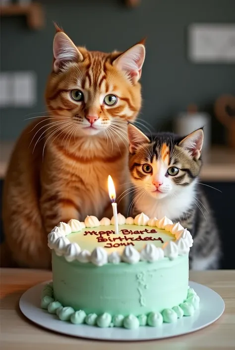 A pic of an adult ginger cat and a calico kitten making a birthday cake for a guy named John who is turning 25 this December 1. His favorite cake is ice cream cake, specifically mint chocolate chip. There should be a congratulatory message on the cake and ...