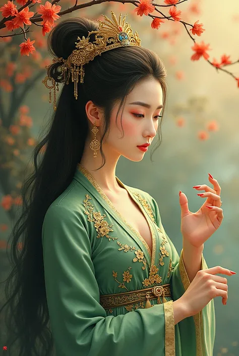 *8k masterpiece,  measurements,  Gestures,  official art , ( beauty and beauty : 1.3), Very detailed, ( Fractal Art : 1.3), color,  Chinese hearts and dragons ,  Chinese , claw, สี brown green และหญิง 1 คน,  media of Han women , Hanfu,  brown green 