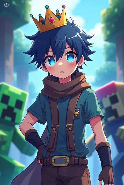 A Anime boy 19 year boy A minecraft skin with l
Crown-- Gloves ------ glowing blue Eyes Minecraft Background . in background one side creeper and another side zombie and dress is hairy-boy-skin-cute-