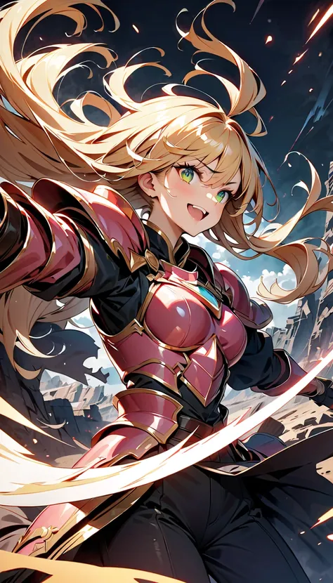 (high quality, 8k, 4K, High Contrast, masterpiece:1.2, 最high quality, Best aesthetics, aya), Very detailed, woman wielding a large sword, Ornate Armor, Flowing Hair, Intense expression, intense battle scene, Dramatic lighting, Bright colors, powerful strok...