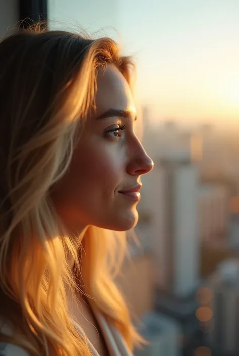 A realistic close-up view of a 20-year-old Brazilian woman from the southern region of Brazil standing by a large floor-to-ceiling window in a modern high-rise apartment. The camera is tightly focused on her face, capturing her serene and thoughtful expres...