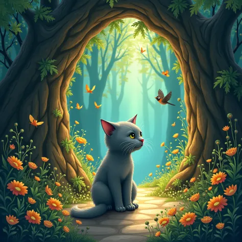  The gray cat took Camilo through a secret portal that appeared only when someone truly believed in magic. As they stepped through the door, they found themselves in a world full of amazing creatures: giant talking trees, birds with glowing feathers, and f...