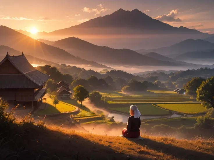 a realistic image of an elderly Thai woman, looking lonely and isolated, cooking outdoors in a rural Thai countryside setting. The scene should have beautiful, dramatic lighting, with sunset rays cutting through the mist to heighten the melancholic, solita...