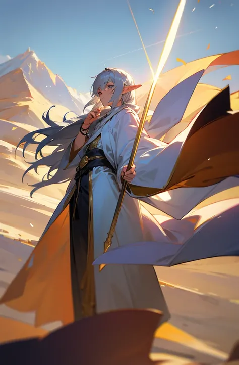 Masterpiece, Excellent, Single, 1 person, male, youth, teenager, wizard, slimming, elf, silver hair, long hair, gray pupils, floating ball of light, white robe, robe, relax, desert detailed background