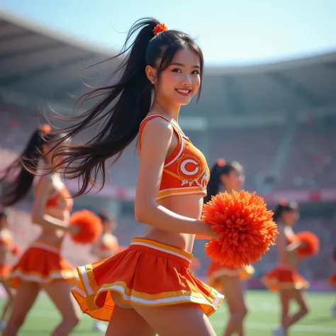  One Cute Idol-like Cheerleader,  Reality Photography,  Korean woman 　Her hair is long and black、 in a ponytail 。.,  white skin, Cheerleader Costume,　 GROWING SKIN, Lively dance, Standing in the stadium,  big bust,  cleavage visible,  bright smile,
