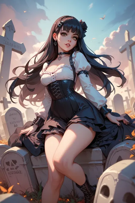 Gothic girl, brown eyes, in graveyard Long Hair, black hair pink tips.