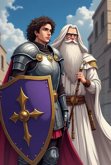  a Byzantine soldier in steel armor , wearing a purple shield ,  curly hair and glasses together with a powerful wizard in white and gold attire with a wand,  with long hair and without a beard , in anime style