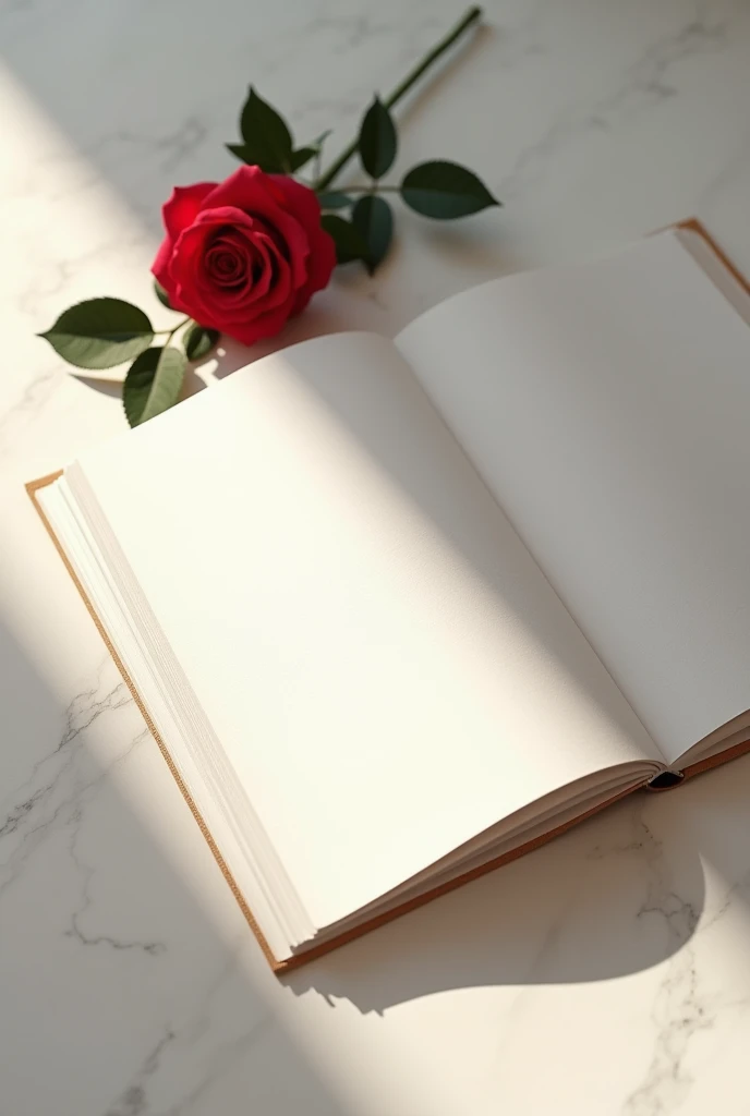 L’image présente une scène délicate et intime, où une seule page vierge d’un livre est posée au centre, accompagnée d’une rose subtilement placée juste à côté. La page du livre, vue de dessus, est entièrement blanche, sans aucune inscription ni illustratio...