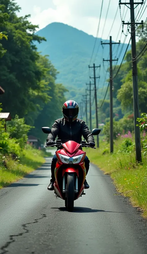  Behind Cambodian trees and mango trees ,  appear The sight of a person in a helmeted jacket riding a red Honda motorcycle on a rough asphalt highway outside the city rising to a hill visible housing residents,   along a path lined with lush trees and iron...