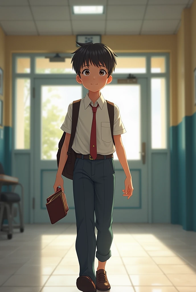 A boy student holding a wallet go to the school office