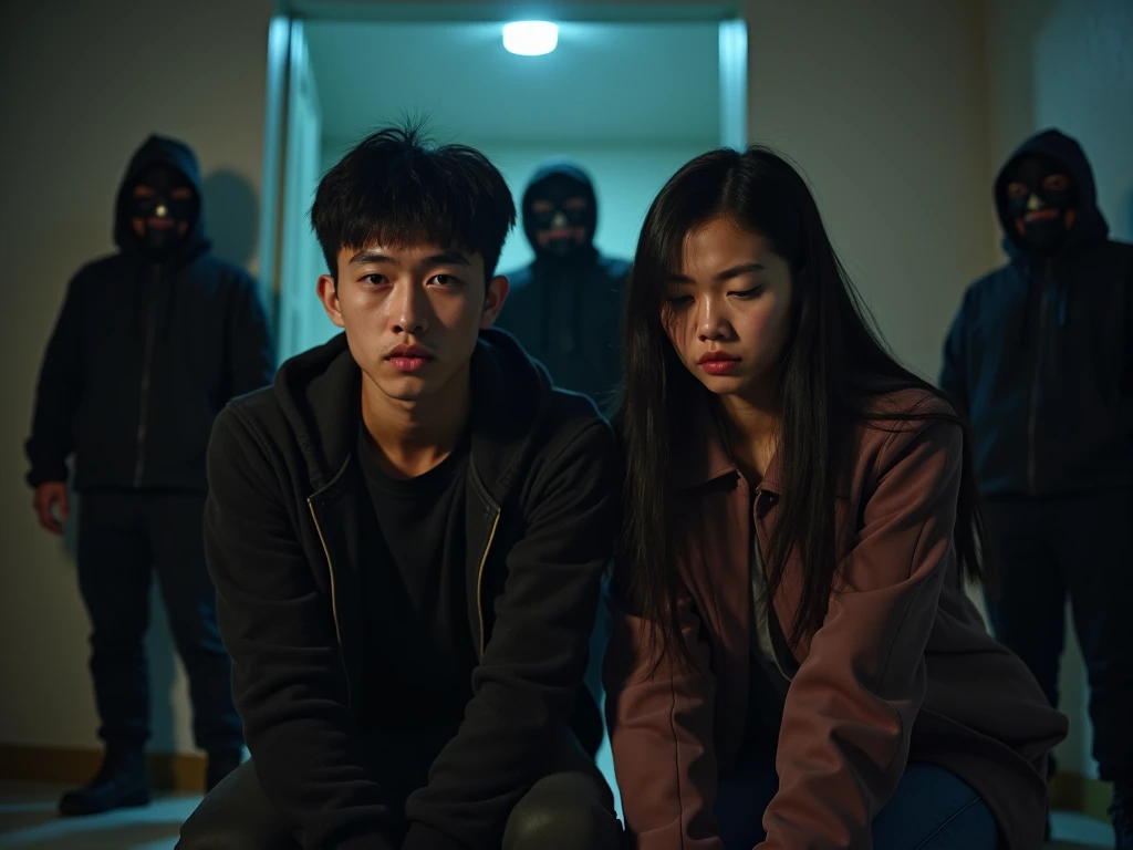 give me a photo, a beautiful young Chinese couple in their 30s, 1 male and 1 female, kneeling and crying in fear in front of the camera, behind them are 2 Chinese robbers wearing black SKI masks covering their heads with fierce looks, m standing in the roo...