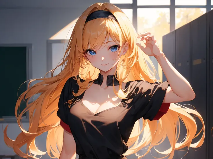 (((school,classroom)))(())( Three Friendly High School Students :1.45),(Glamour Body , Long Blonde Hairstyle ,, Black headband , female:1.45),( Slender Body ,  elegant long black hair hairstyle,,female:1.45),(Strong lower body ,Pretty girl,Red short hair,,...