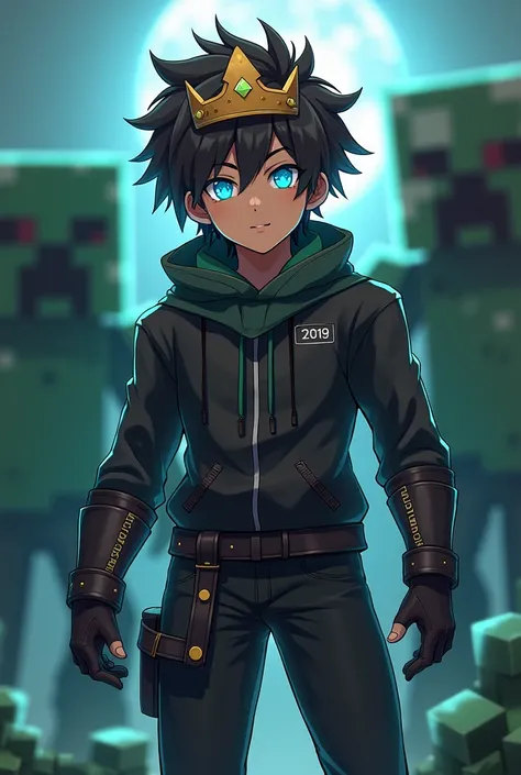 A Anime boy 19 year boy A minecraft skin with l
Crown-- Gloves ------ glowing blue Eyes Minecraft Background . in background one side creeper and another side zombie and dress is hairy-boy-skin color is brown stylish 