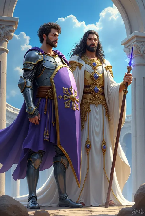  a Byzantine soldier in steel armor , wearing a purple shield , curly hair, next to a powerful wizard in white and gold outfit with a wand,  with long hair and without a beard , in anime style