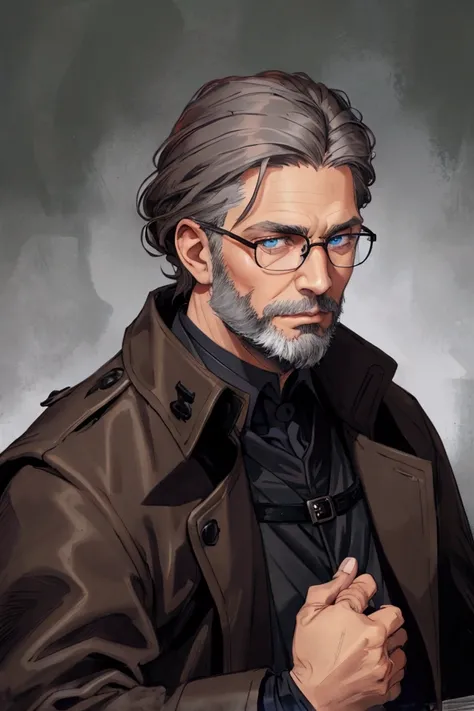 man, medieval black trench coat ,  blue eyes,  brown hair with gray hair  , glasses ,  brown beard with gray hair on the tip of the chin, Portrait photo, dark gloves 