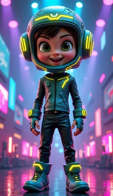 "Design a 3D character in Pixar style inspired by Garnold from the game Incredibox Sprunki. The character has a humanoid appearance with a cheerful and slightly mischievous vibe. He wears a large futuristic helmet with glowing neon accents and sleek geomet...