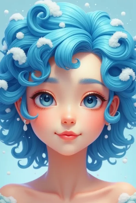  That the face is in front and your skin is creamy-colored. That the curlers are light blue ,  blue and the tips have a foam like that of a wave 