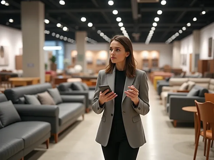 Make an image of a woman in a furniture store, Make sure you have electronic money in your hands 